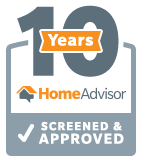 Badge from HomeAdvisor reading: 10 years, screened & approved